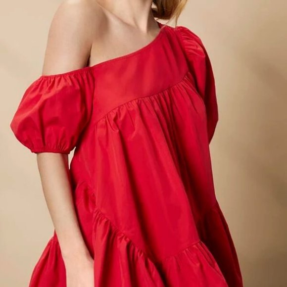 Red Puff Sleeve Ruffle Hem Asymmetrical Neck Smock Dress - Picture 4 of 8